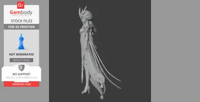 A detailed figurine of a regal character, in elegant attire with long flowing elements and ornate headpiece.