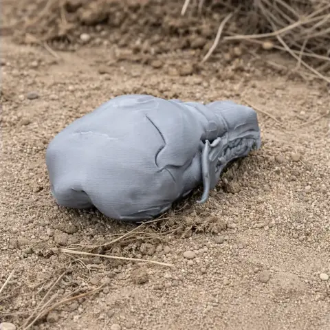 3D-printed star-nosed mole skull replica placed on sandy ground.