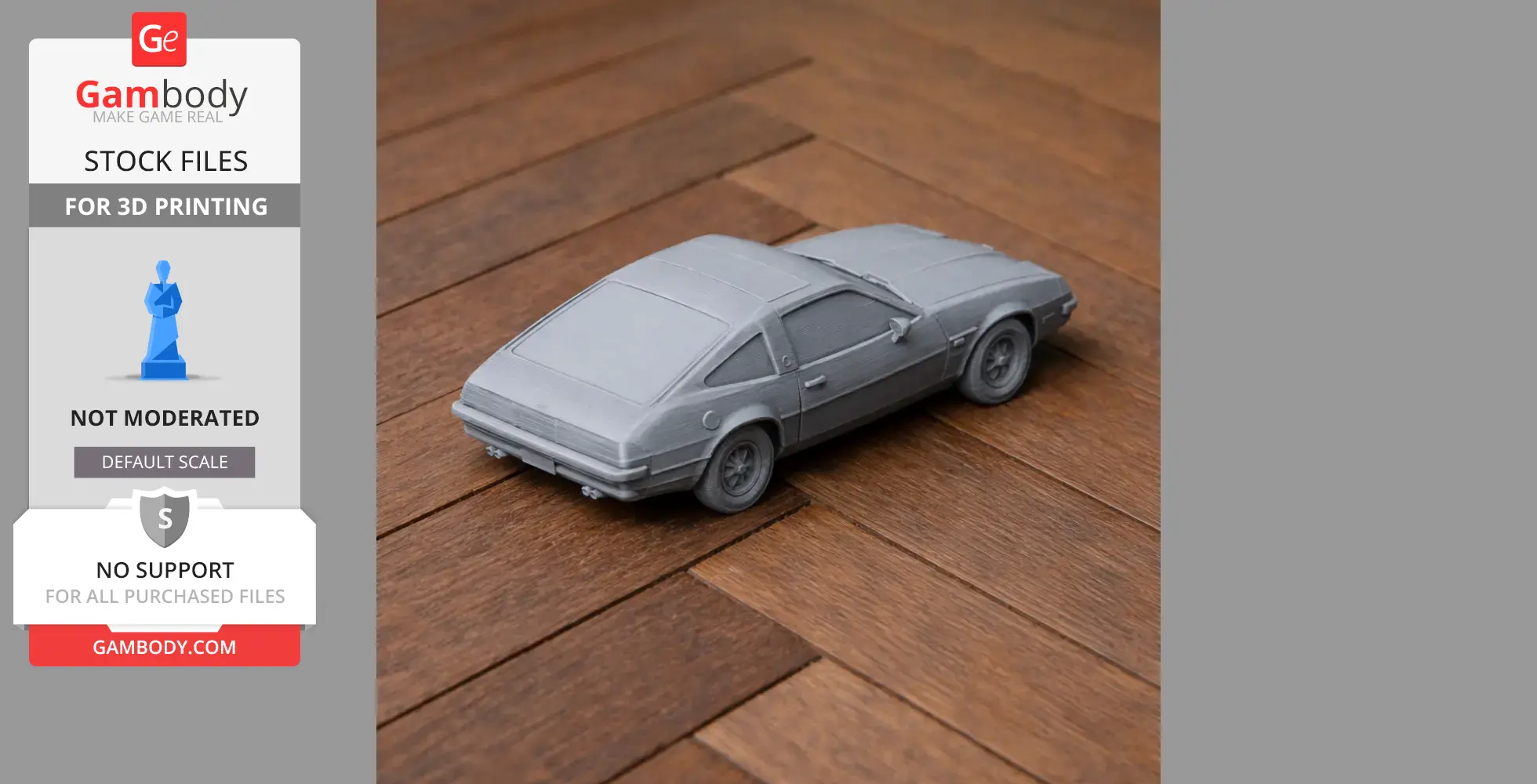 3D printed Buick Skyhawk model on wooden surface, viewed from the rear and side.