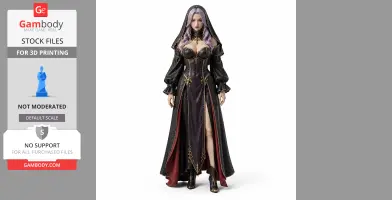 A detailed 3D model of a female character in a gothic dress with a hood and long, flowing purple hair.