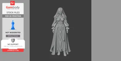 3D model of a cloaked figure in a long dress, featuring detailed folds and intricate design elements.