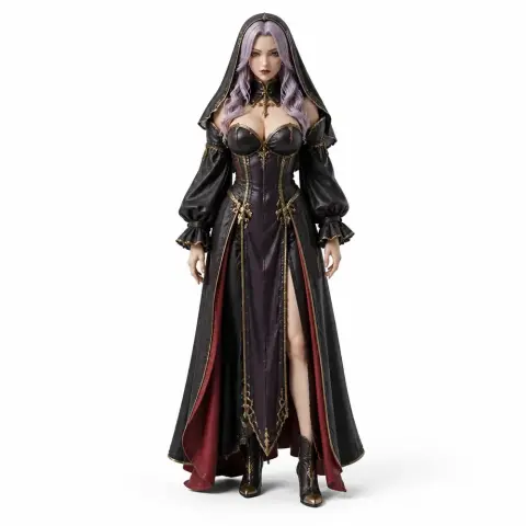A detailed 3D model of a woman in a dark, elegant gown with purple hair and dramatic sleeves.