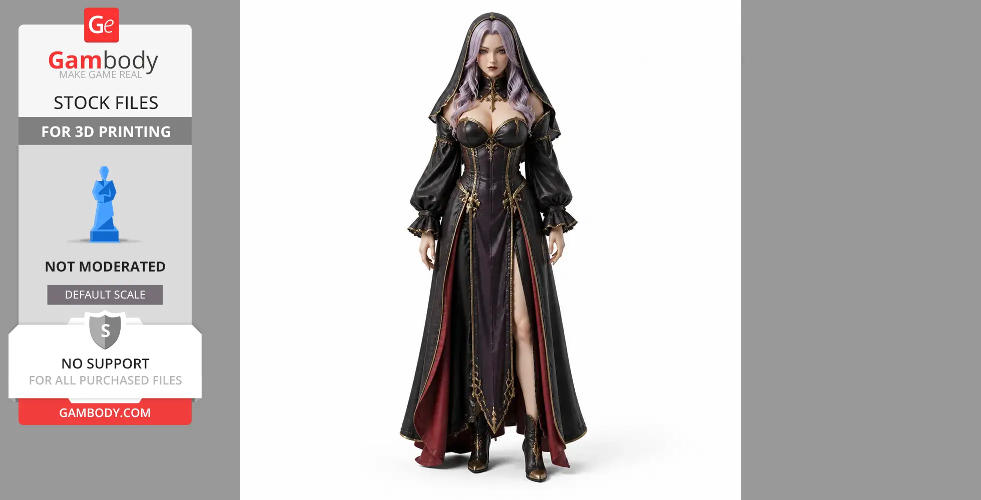 A detailed 3D model of a female character in a gothic dress with a hood and long, flowing purple hair.