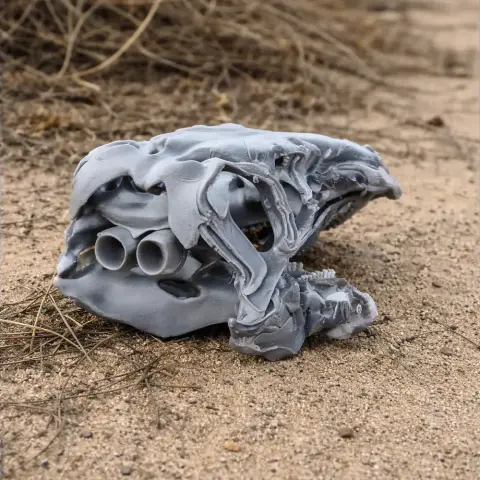 3D-printed Stegouros skull replica placed on sandy ground with scattered dry grass.