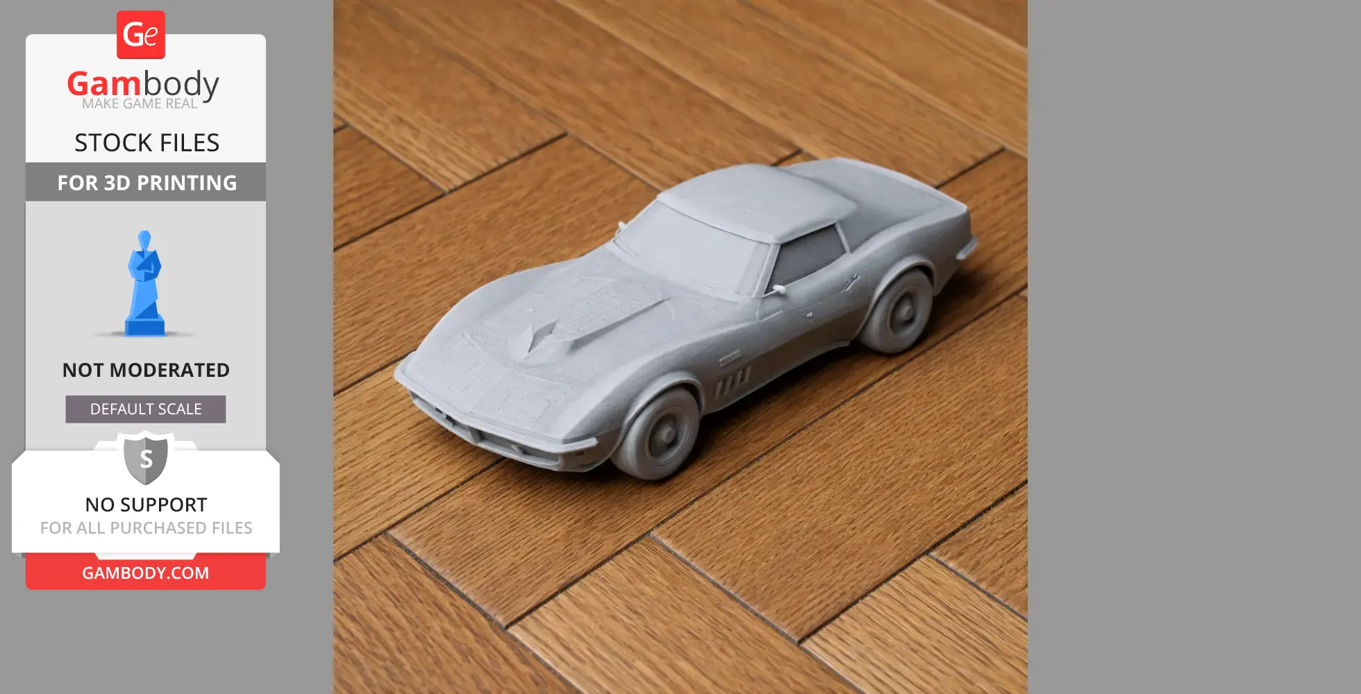 A 3D-printed model of a Chevrolet Astrovette on a wooden floor.