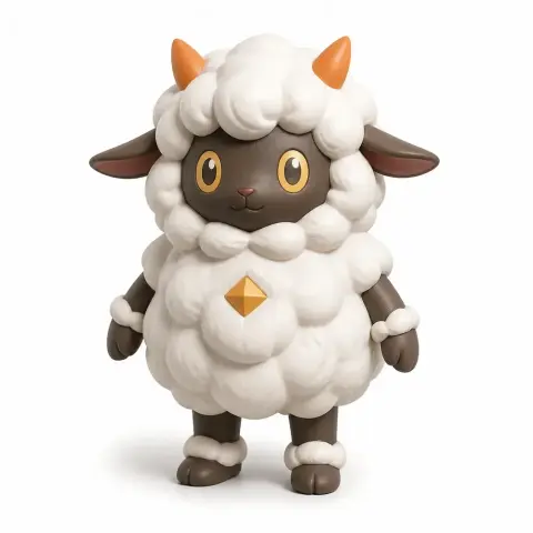 A cute, sheep-like figurine with fluffy wool, orange horns, and a small yellow diamond on its chest.