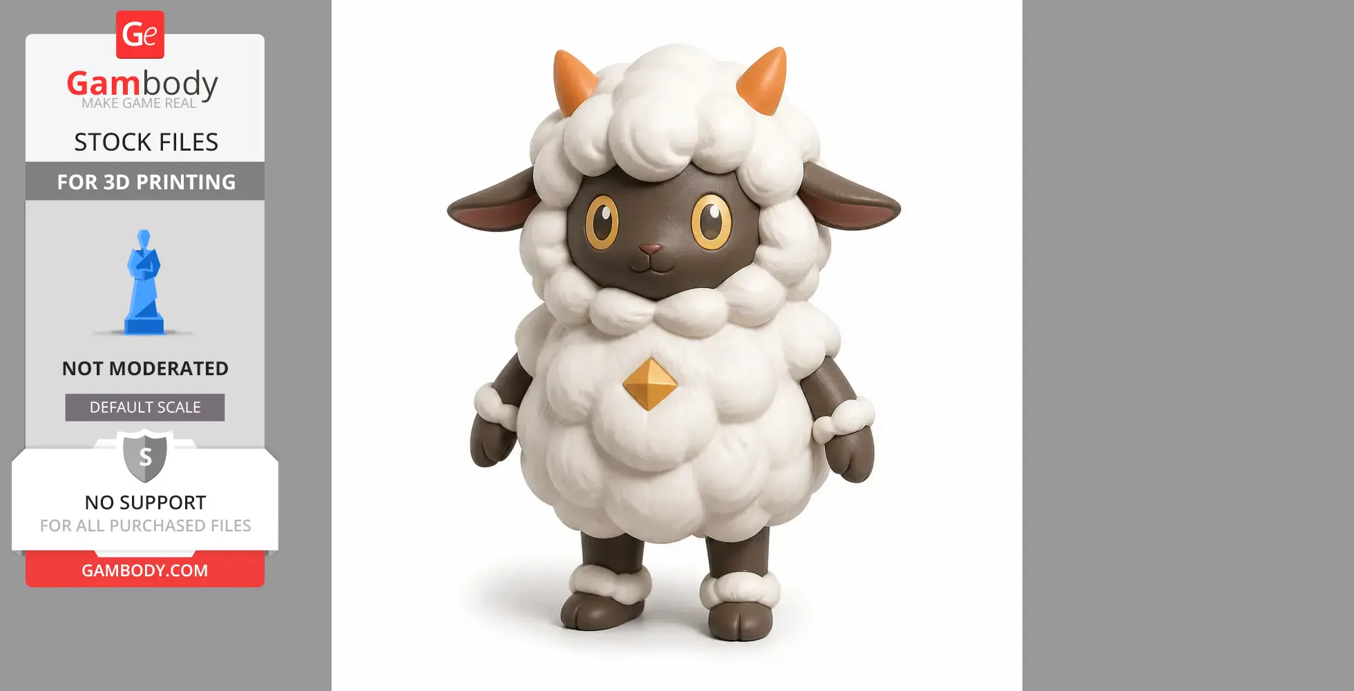 Cute, fluffy sheep-like figurine with orange horns and a diamond-shaped mark on its chest.