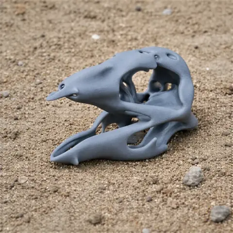 Gray 3D-printed Stenonychosaurus skull model on sandy ground.