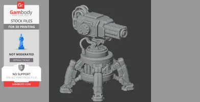 A detailed 3D model of a sci-fi laser turret with mechanical legs and intricate design elements.