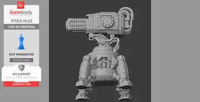 A detailed 3D model of a mechanical laser turret with a cylindrical barrel and robotic legs.