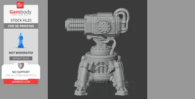 A detailed 3D model of a mechanical laser turret with intricate design and sturdy base.