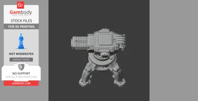 A 3D model of a sci-fi laser turret with a cylindrical barrel and tripod base.