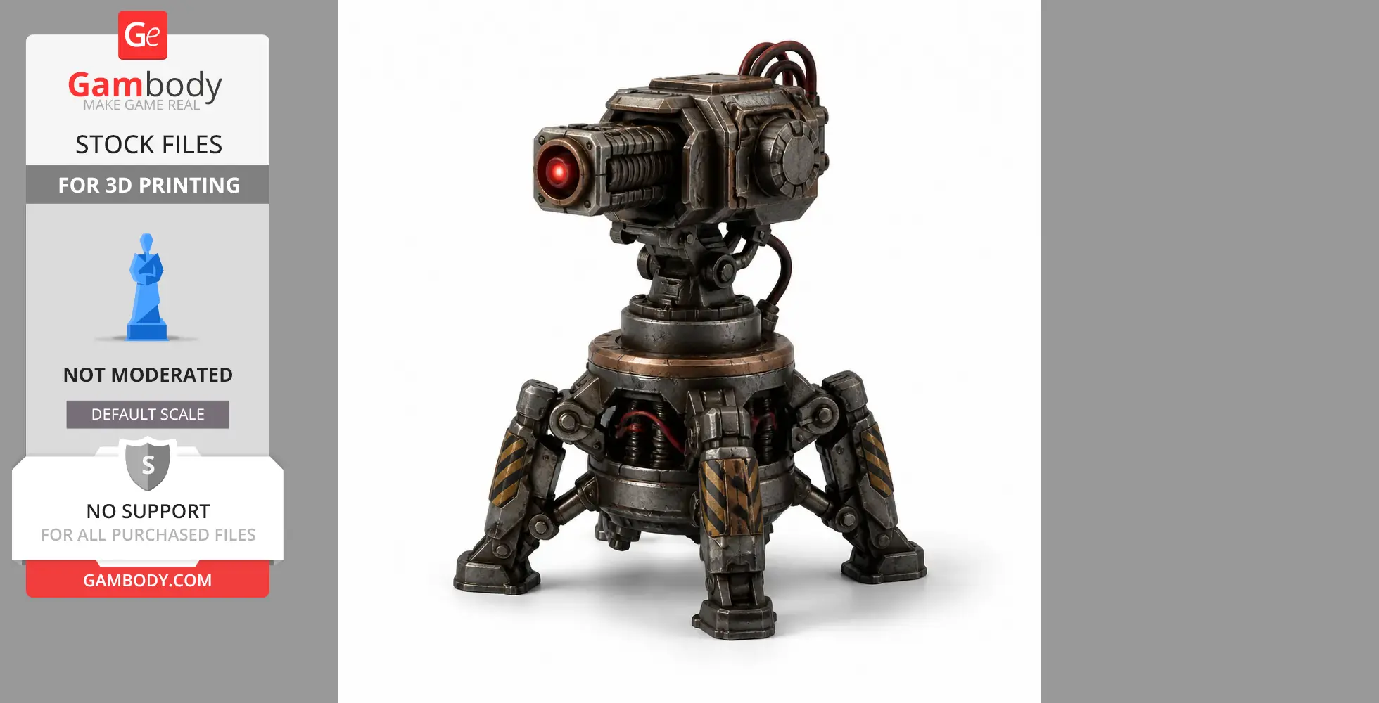 Futuristic tripod laser turret with detailed mechanical elements and a glowing red light.