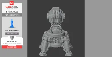 Intricate 3D model of a mechanical laser turret with a robust base and detailed components.