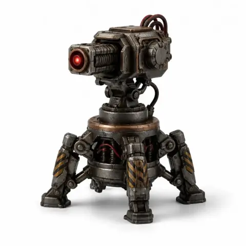 A mechanical laser turret with a red lens, featuring a rugged design on a sturdy, tripod-like base.
