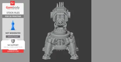 A gray sci-fi laser turret figurine with a bulky, mechanical design on a sturdy base.