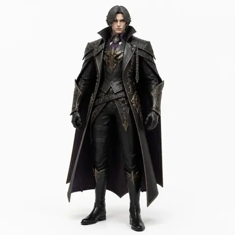 A detailed figure of a man in a gothic outfit with a long cloak and ornate armor accents, ready for 3D printing.