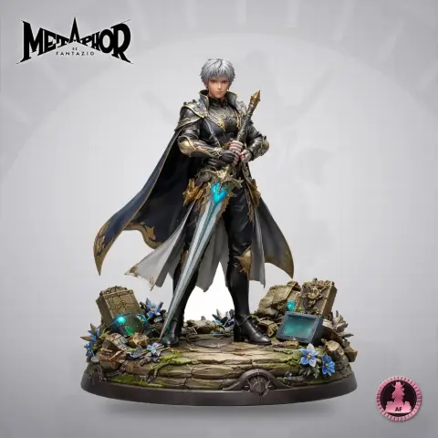 A fantasy warrior figure with silver hair and armor, holding a sword on a decorative base with mystical elements.
