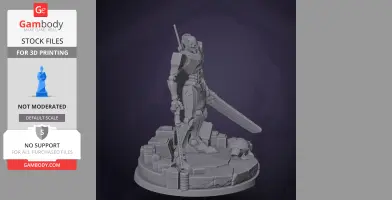 A robotic figure with a sword on a detailed base, designed for 3D printing.