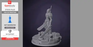 A robotic figure with dual swords stands on a detailed circular base, designed for 3D printing.