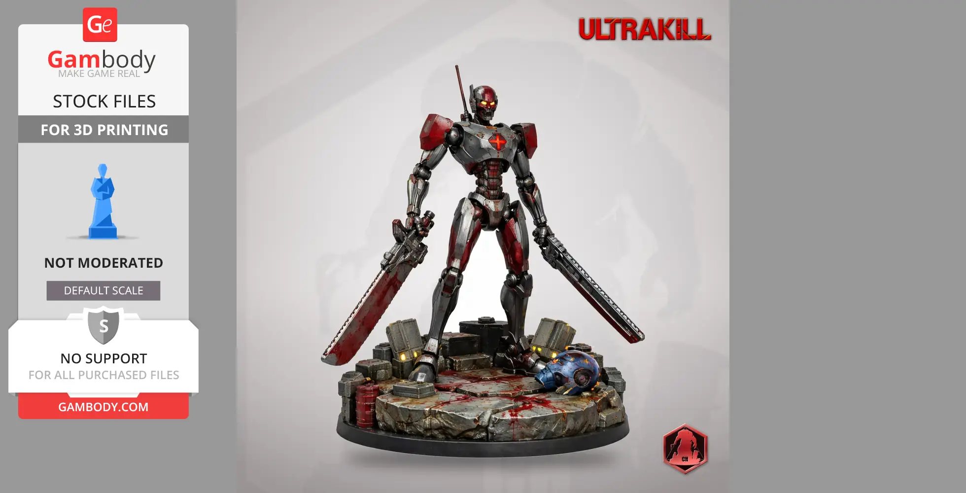 A robotic character with swords stands on a detailed, rocky base with futuristic elements and splattered effects.