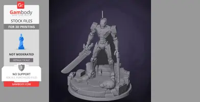 A robotic figure holding a large sword and standing on a detailed base with debris and a helmet.