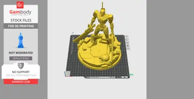 A robotic figure with a sword stands on a detailed circular base, designed for 3D printing.