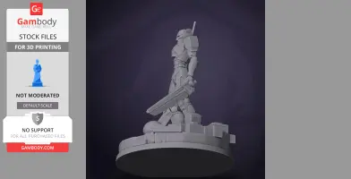 Robotic figure with a large sword on a round base, styled for 3D printing, inspired by the game Ultrakill.