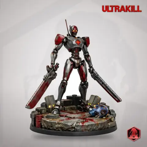 Armored robotic figure with dual swords, standing on a battle-worn circular base with mechanical details.