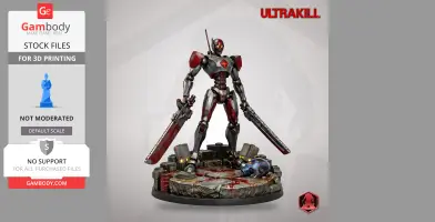 A robotic character with swords stands on a detailed, rocky base with futuristic elements and splattered effects.