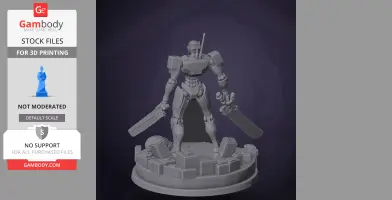 A robotic figure holding dual swords, standing on a platform with geometric shapes.