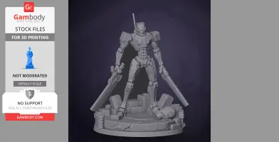 A robot warrior holding dual swords stands on a detailed rocky base, ready for 3D printing.
