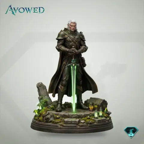 Elder warrior in detailed armor, holding a large glowing sword. Stands on rocky, mystical base.