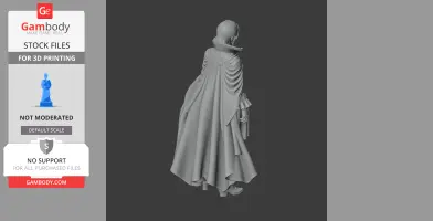 A robed figure with a cape and high collar, holding a book, viewed from behind.
