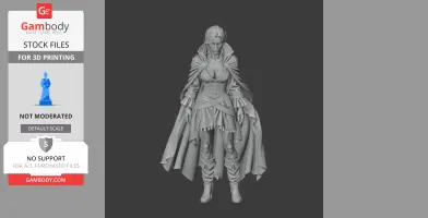 A detailed 3D model of a cloaked female character with intricate clothing and boots.