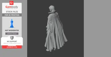 3D model of a cloaked figure with a high collar, detailed drapery, and boots, designed for 3D printing.
