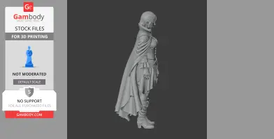 Side view of a detailed figurine in a cape and boots, designed for 3D printing.
