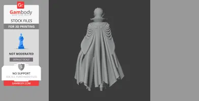 A 3D model of a cloaked figure with a high collar, viewed from the back, for 3D printing.