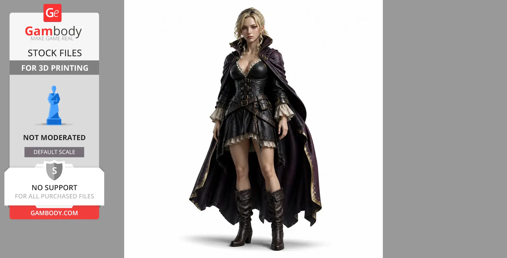 Female warrior figurine in detailed leather attire and cloak, designed for 3D printing.