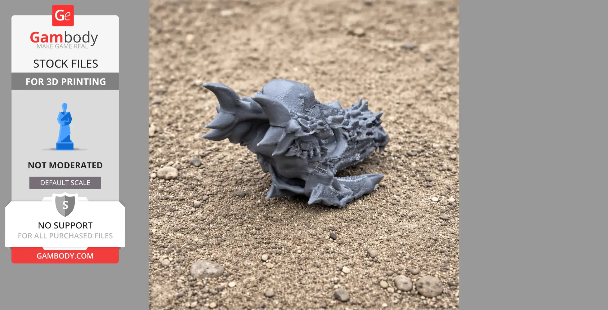 Gray 3D-printed Stygimoloch skull replica on textured sandy ground.