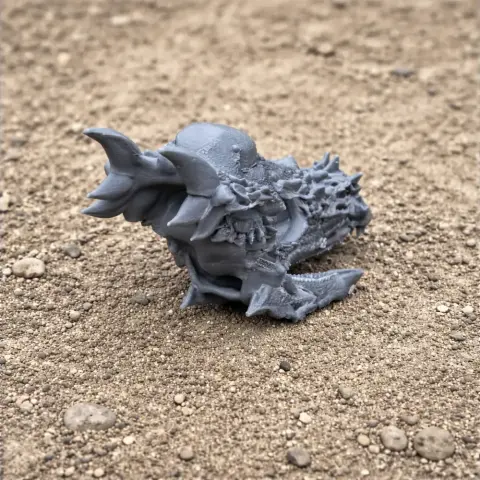 Gray 3D-printed Stygimoloch skull replica on a sandy surface.