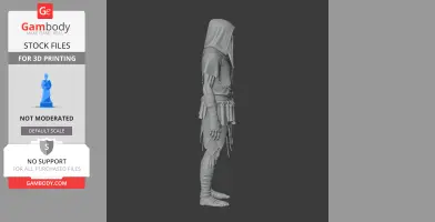 A hooded character figurine in profile, with detailed clothing and accessories, for 3D printing.