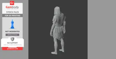 A hooded figure in layered clothing, with a belt of pouches, stands facing away.