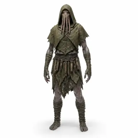 Hooded creature with tentacle face, in tattered armor, standing upright.