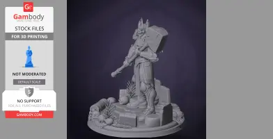 Armored figure with a large hammer stands on a detailed base with skulls and debris.