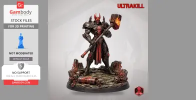 Armored character with fiery hammer and skulls, standing on rocky base from Ultrakill, 3D printable model.