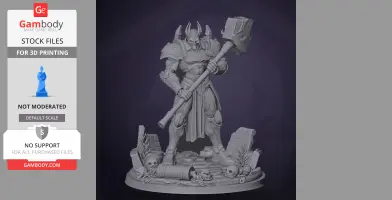 Armored warrior with horned helmet holding a giant hammer, standing on a base with skulls and debris.