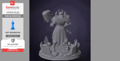 A detailed armored warrior figure with a hammer on a decorative base, ready for 3D printing.