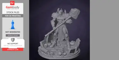 Armored warrior with large hammer, standing on a decorated rocky base with skulls and plants.