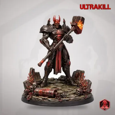 Armored figure with a flaming hammer, standing on a rocky base with skulls. Branded 'ULTRAKILL' above.